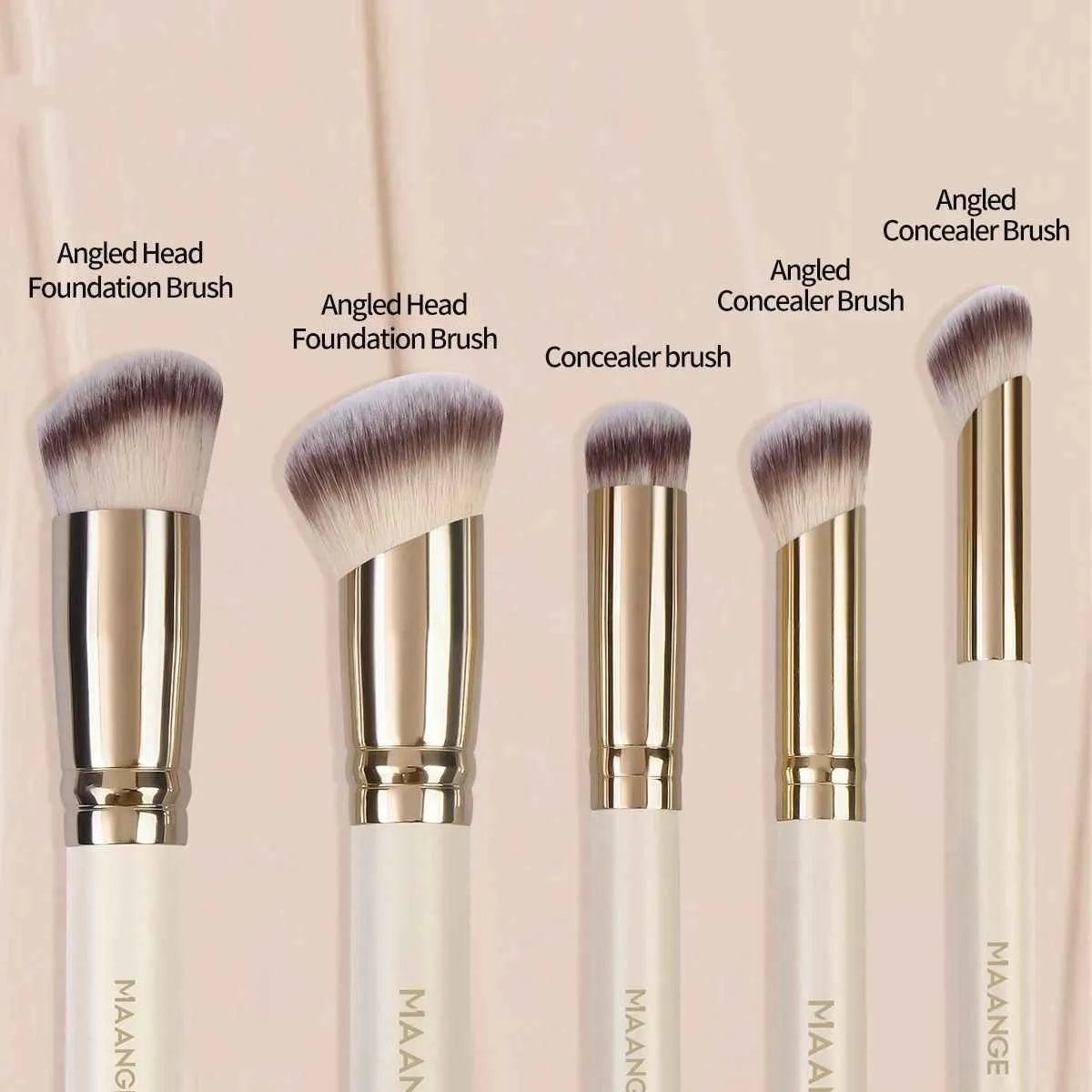 MAANGE apricot coloured five-piece angled blush and kabuki makeup brush set.