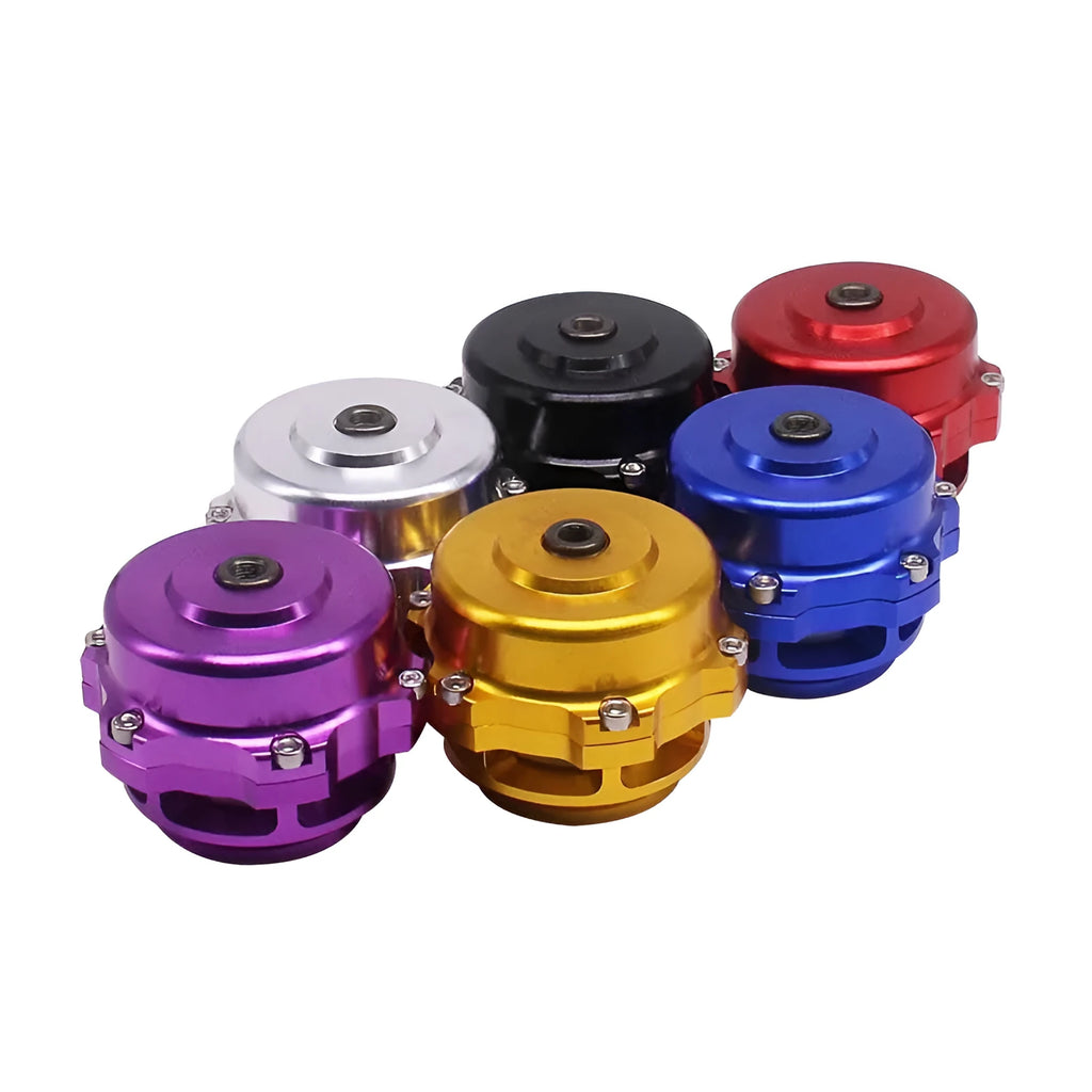 50mm aluminium alloy automotive blow-off valve in assorted colours: black, blue, red, purple, silver, gold.