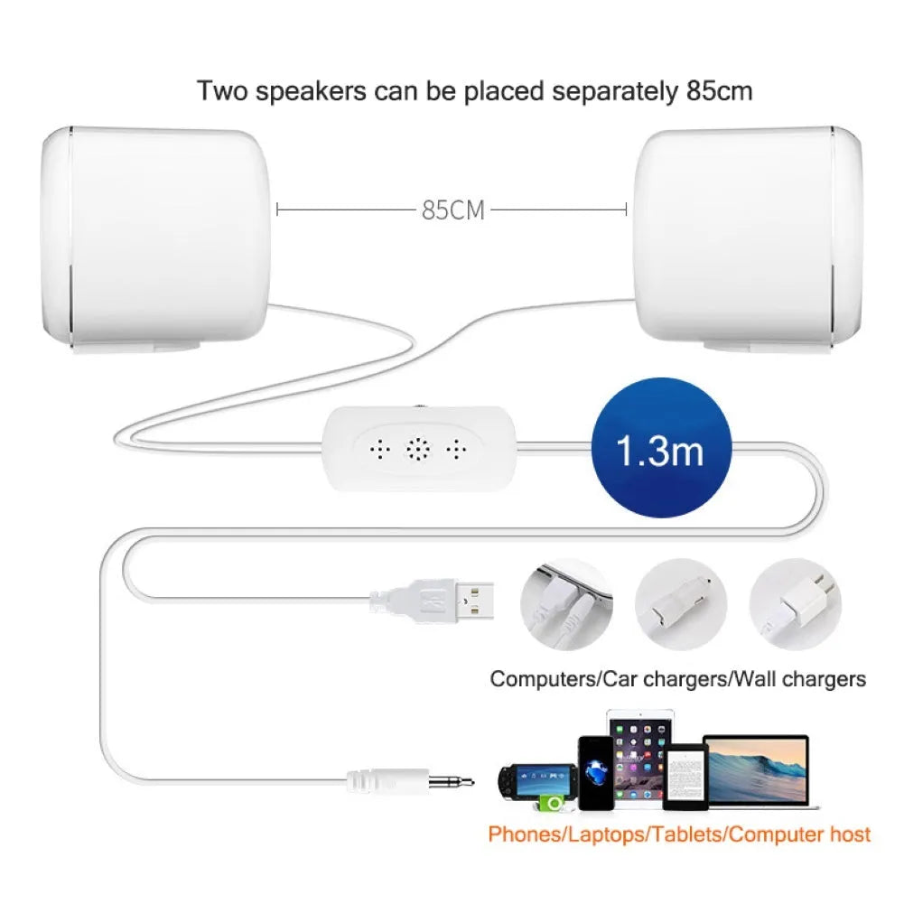 Black or white ABS mini computer speakers measuring 7.2cm with scroll wheel volume control
