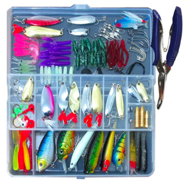 132-piece fishing lure set with soft baits and high carbon steel hooks in rose red treasure colour
