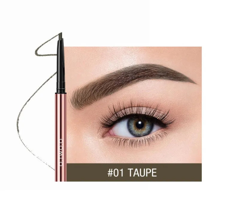 Eye brow make-up pencil in colour box packaging with six shade options shown, tapered tip visible.