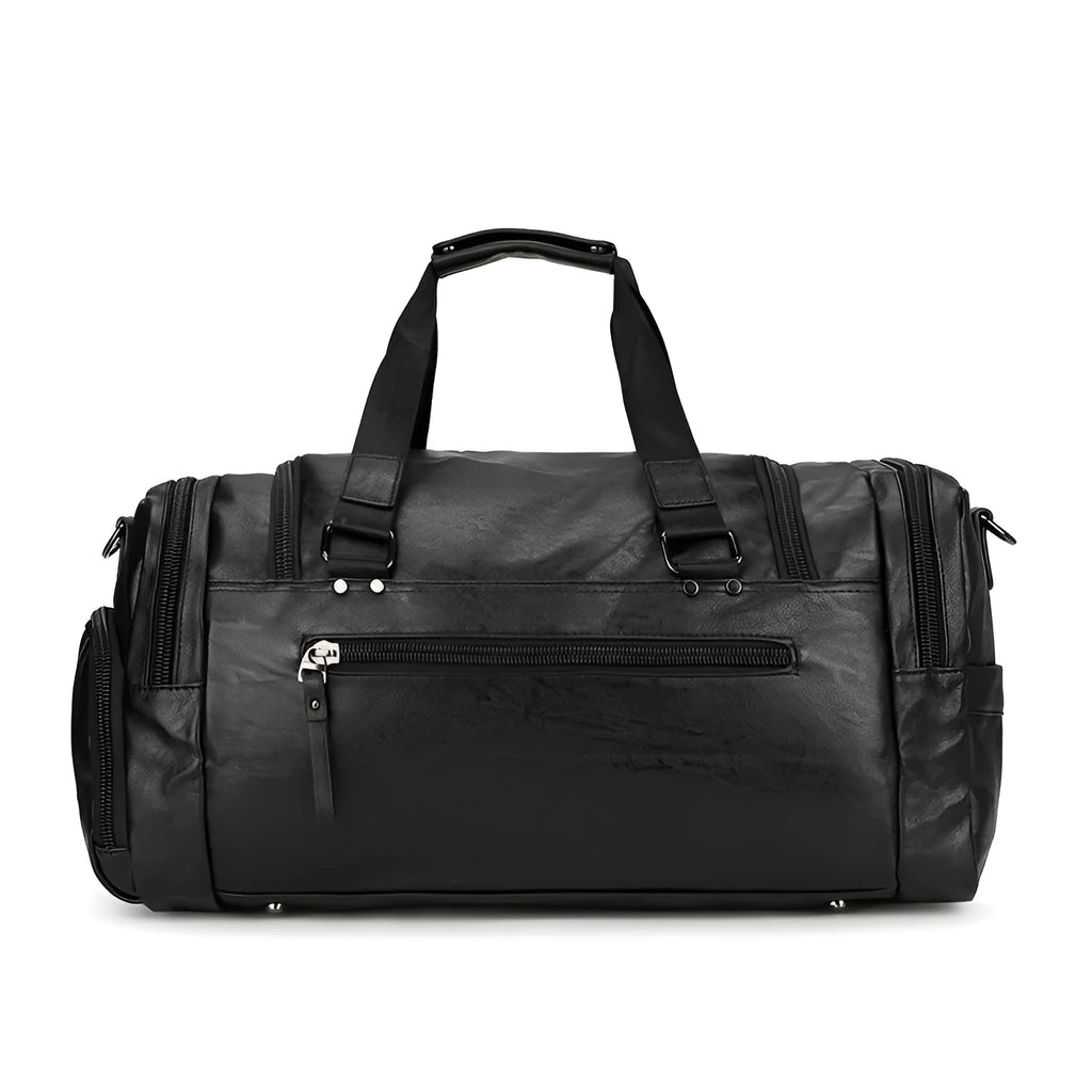 Black travel bag with shoe compartment measuring 52cm long, 19cm wide and 27cm high