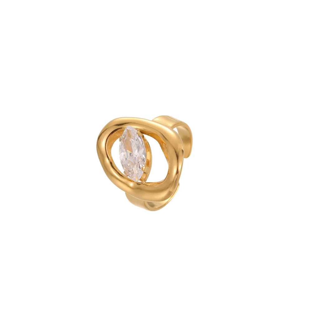 Geometric stainless steel zircon ring with open mouth design in electroplated finish