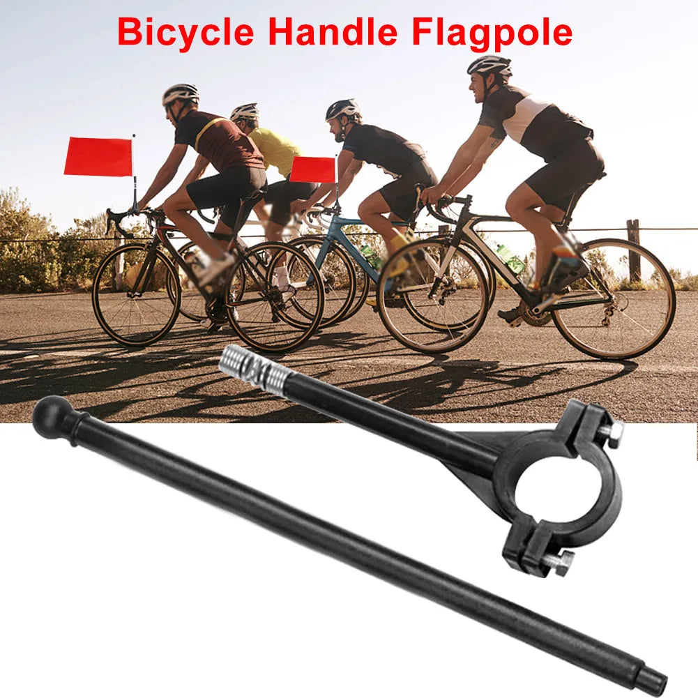 Square polyester flag on a plastic handlebar pole attached to a bicycle.
