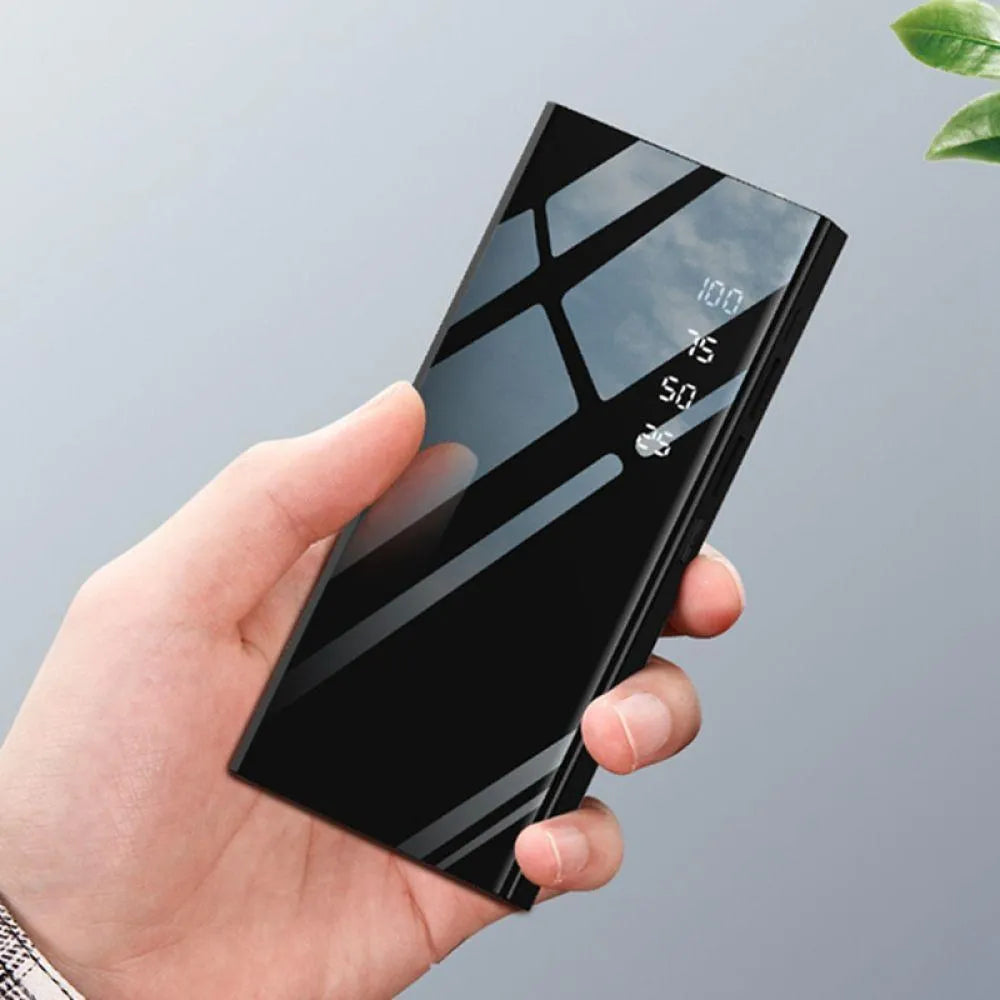 20000mAh power bank with LCD display and dual USB ports in black, red, or white
