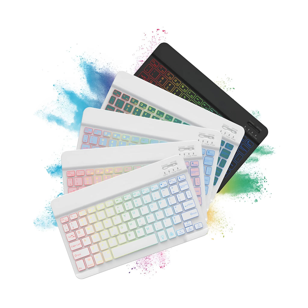 10-inch backlit Bluetooth wireless keyboard for tablets showing colourful LED lighting.