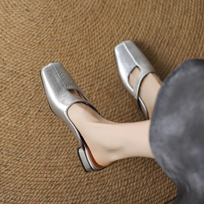 British style men's square toe outdoor slippers in black, beige, or silver with a rubber sole.