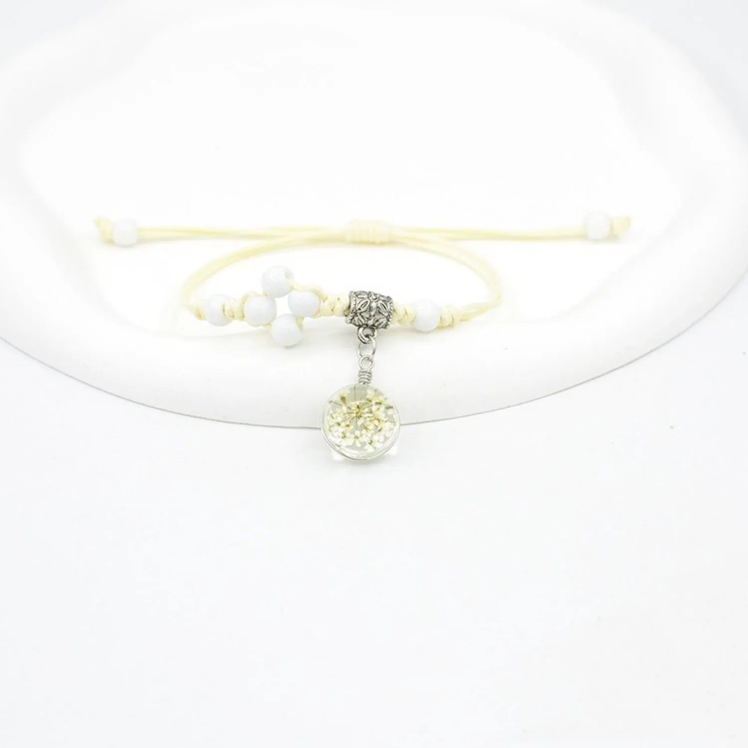Glass dried flower bracelet with hand-woven lace and 1.4cm beads in multiple colour options