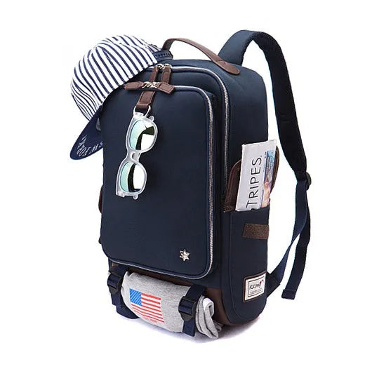 Korean style men's Oxford cloth backpack in seven colour options showing 30x16x46cm dimensions