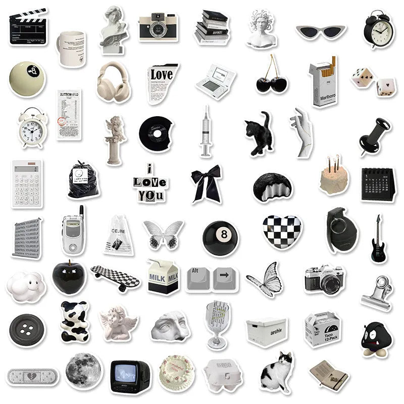 61 black and white waterproof vinyl stickers with coffee and tea cup designs for laptops and phones