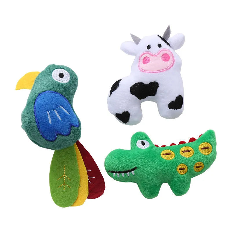 Plush parrot-shaped cat toy with catnip for interactive play next to cow and crocodile options.