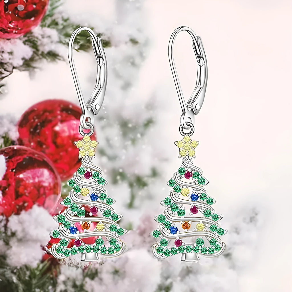 Christmas tree earrings with star pendant in E4318 white gold colour on copper for women