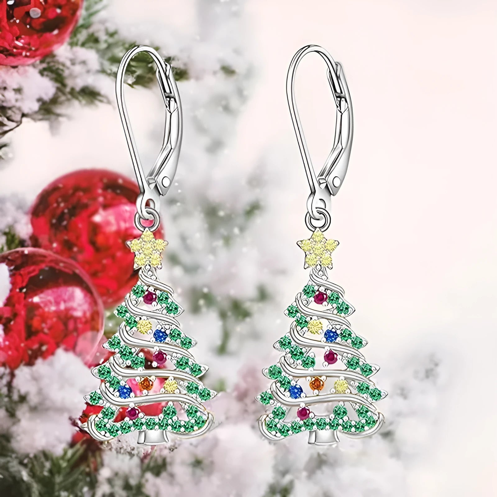 Christmas tree earrings with star pendant in E4318 white gold colour on copper for women