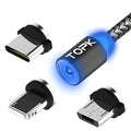Magnetic charging cable with aluminium alloy shell and three magnetic plugs for Apple, Android, and Type-C devices