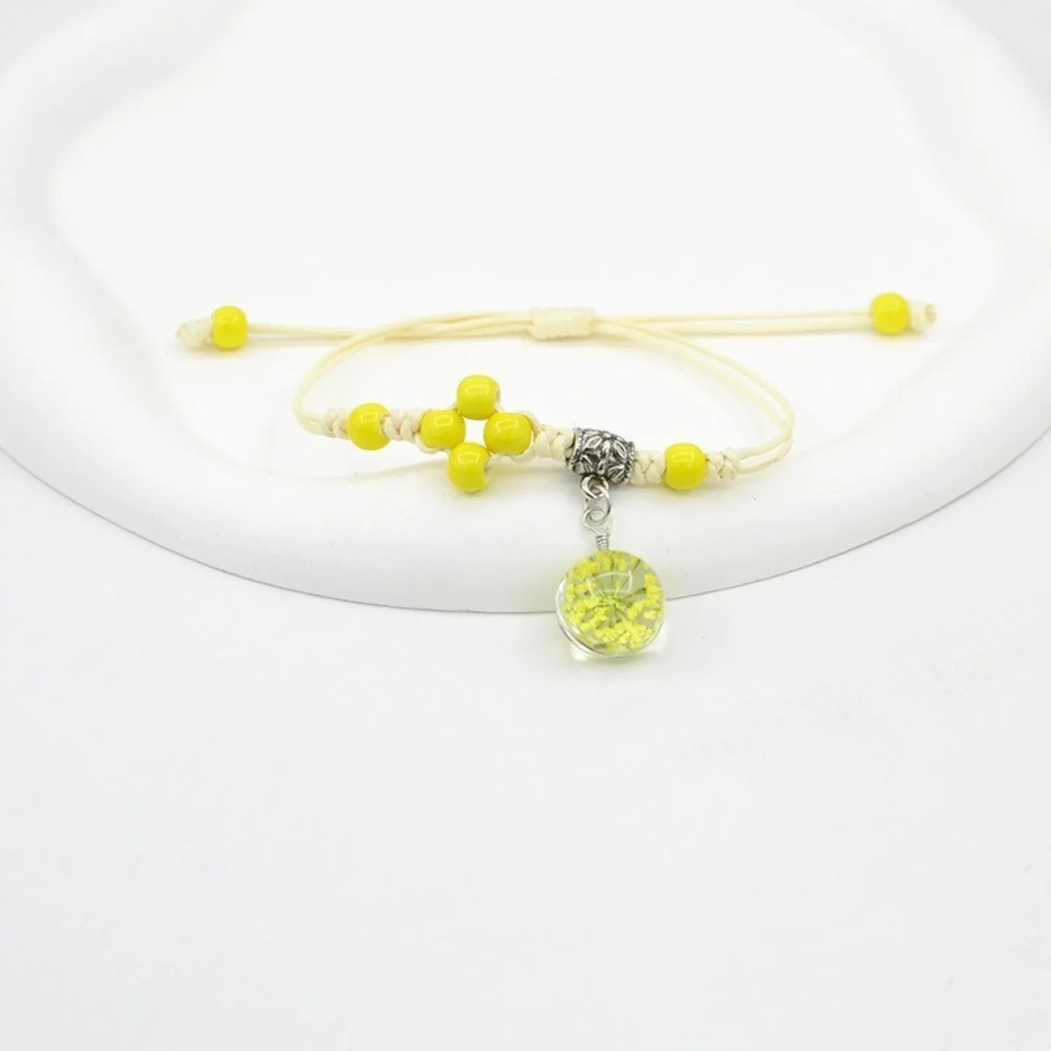Glass dried flower bracelet with hand-woven lace and 1.4cm beads in multiple colour options
