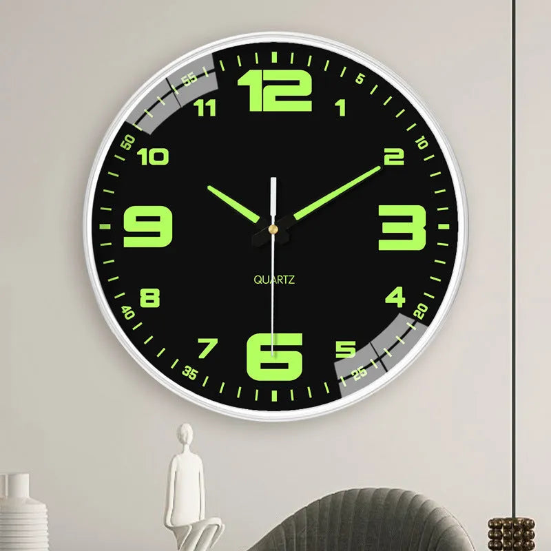 Modern round luminous wall clock 20cm diameter with plastic case on a wall