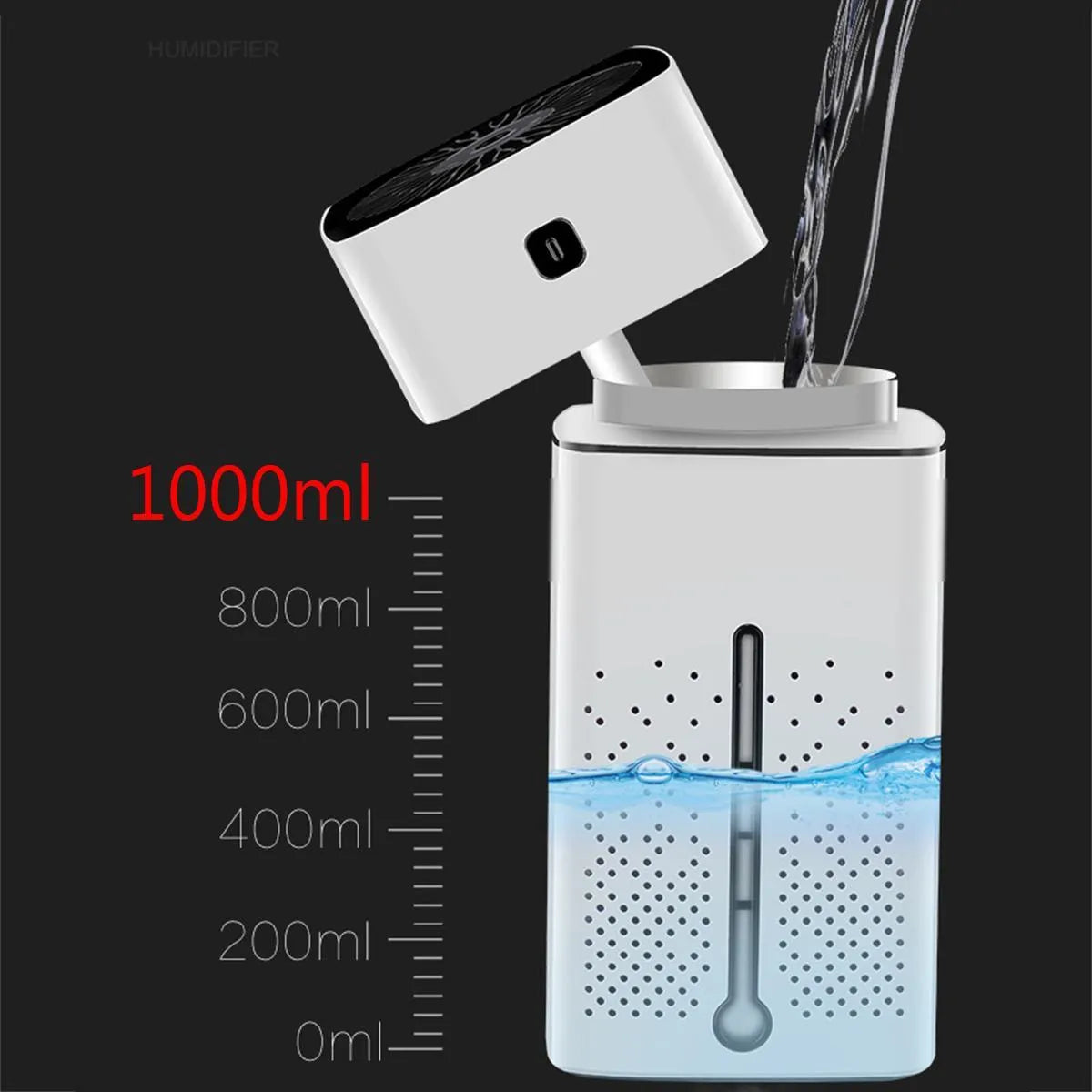 Black and white desktop ultrasonic humidifier with USB cable, 1000ml tank, dimensions 103x103x218mm.