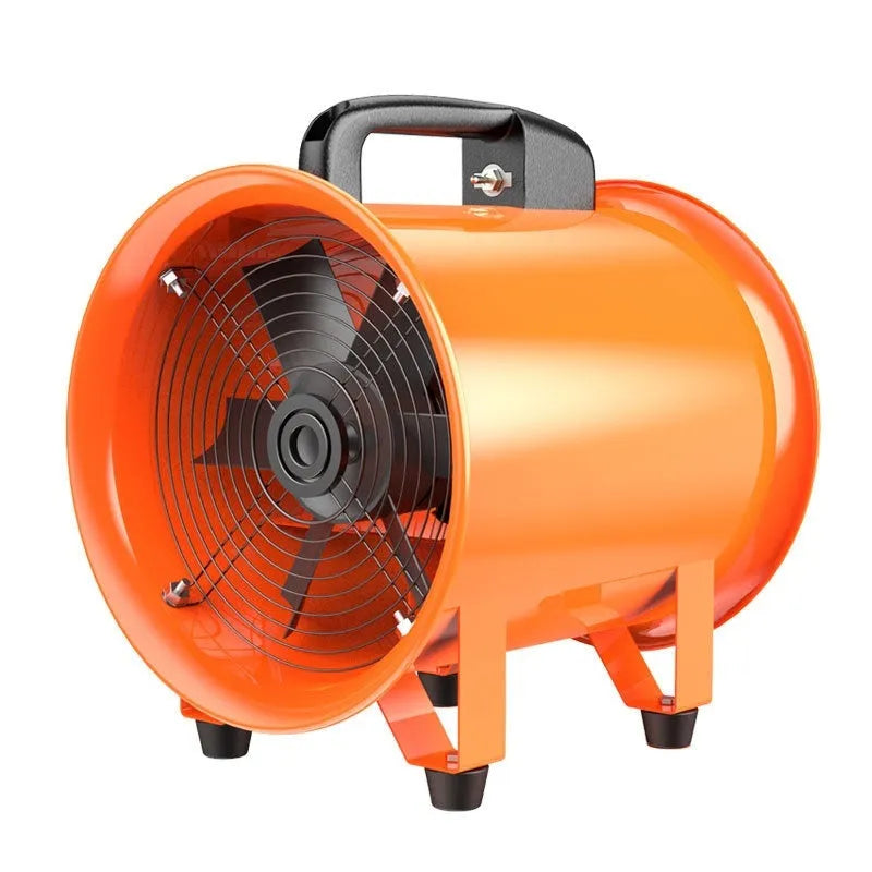 Portable industrial axial flow fan with titanium steel construction and seven blades.