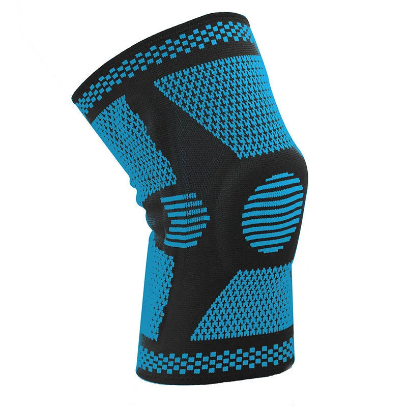 Green silicone spring sports knee pad shown on leg with size measurement indicators