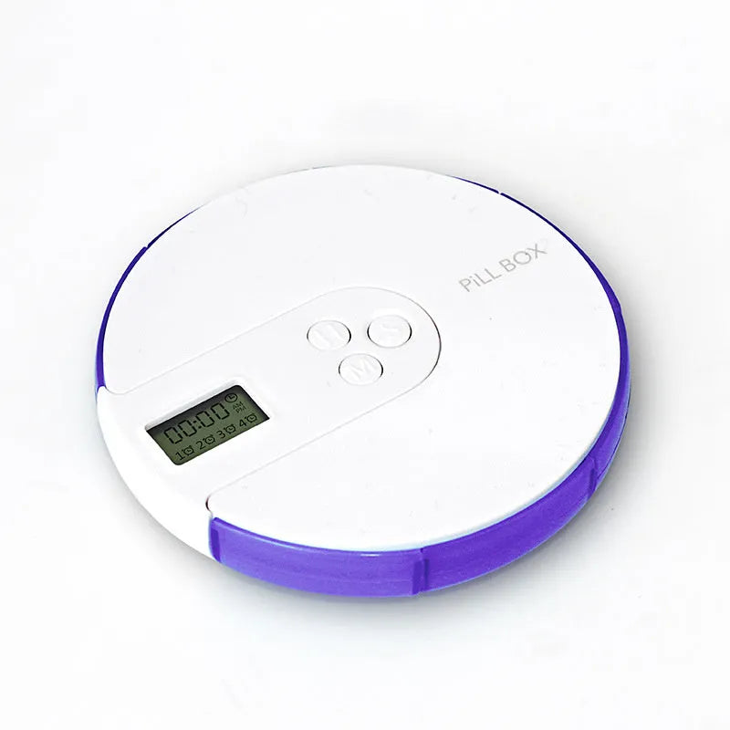 7-compartment alarm clock pill dispenser in multiple colours showing timer display and storage sections.