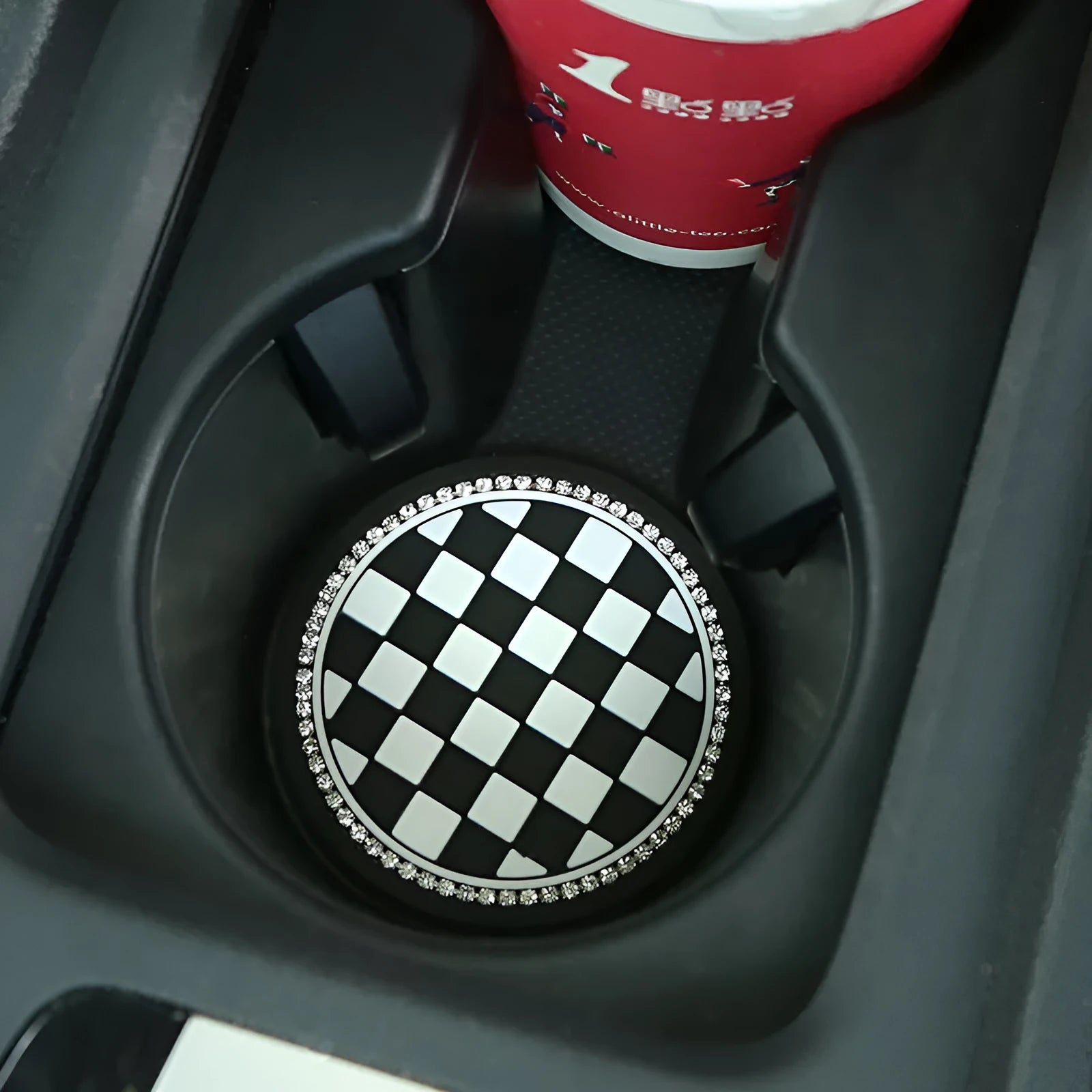 PVC car cup holder mat coaster in black and white checkerboard pattern for vehicle interior