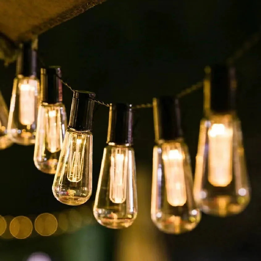 Waterproof outdoor retro bulb string lights showing infusion bottle shape and multiple length options