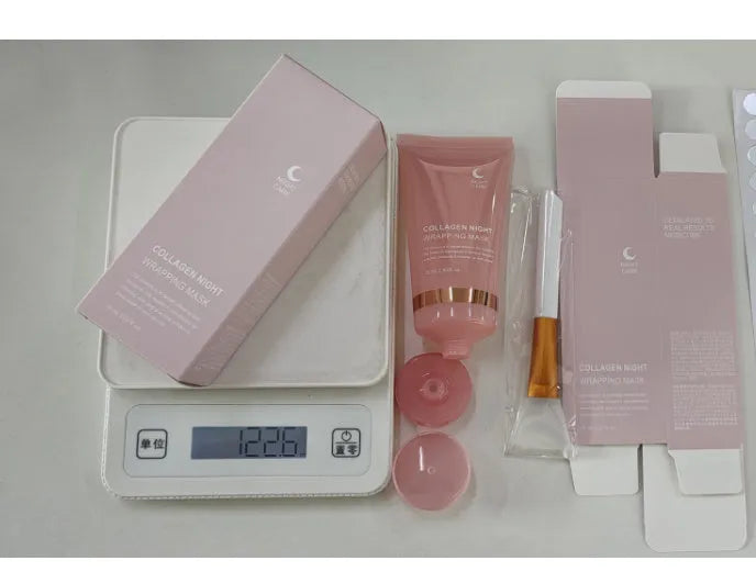 75ml bottle of collagen face night mask with application brush for evening skin care.