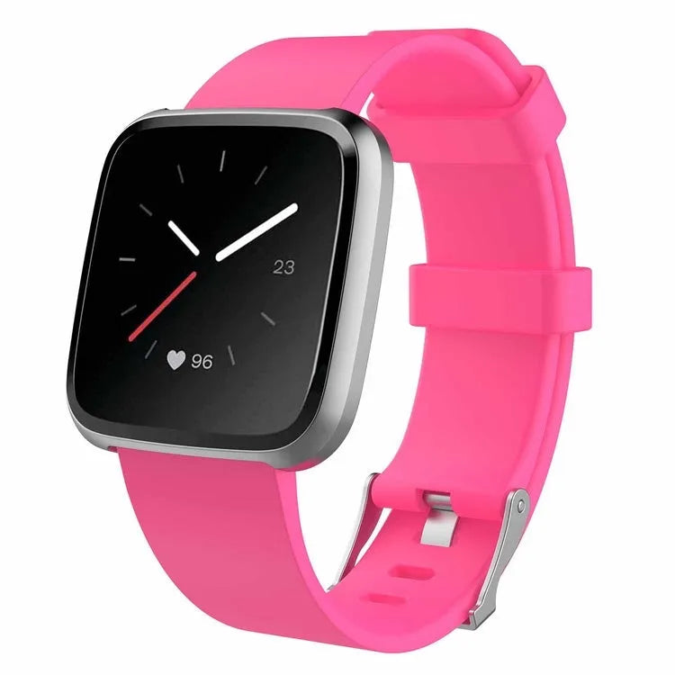 Fitbit Versa Lite replacement wrist strap showing colour options including black, blue, purple, red, and yellow