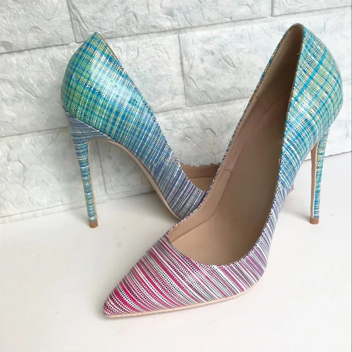 Ladies pink and blue gradient patent leather high heels with pointed toe.