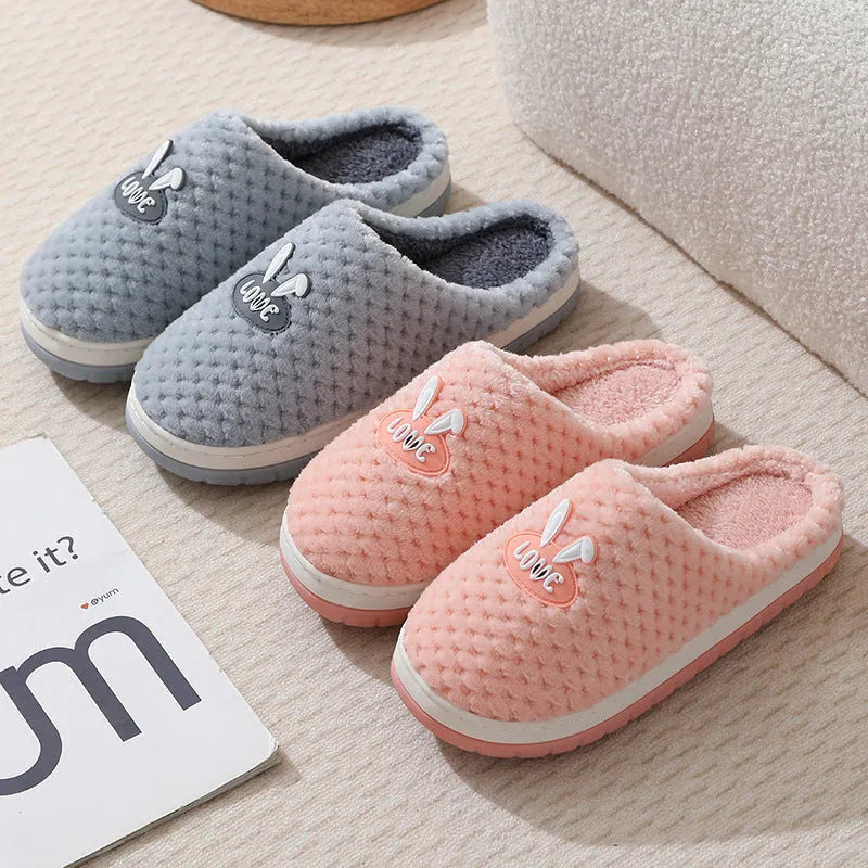 Women's rabbit plaid pattern artificial fur house slippers with a thick sole, shown in apricot colour.