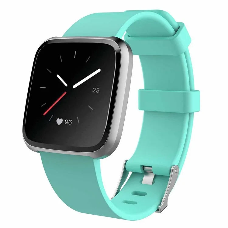 Fitbit Versa Lite replacement wrist strap showing colour options including black, blue, purple, red, and yellow