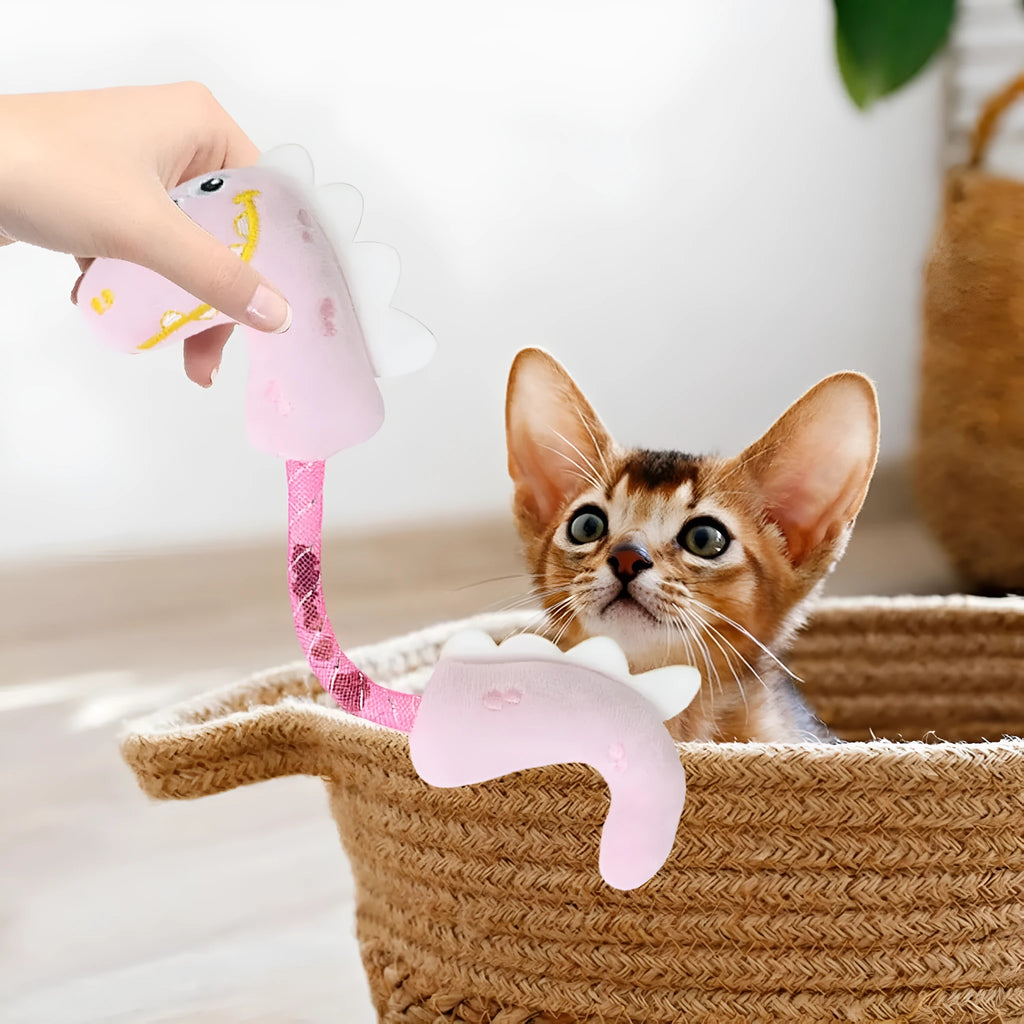 Four-piece cat toy bundle showing plush mouse, fish, bunny, rope toys, springs and kicker toys in assorted colours