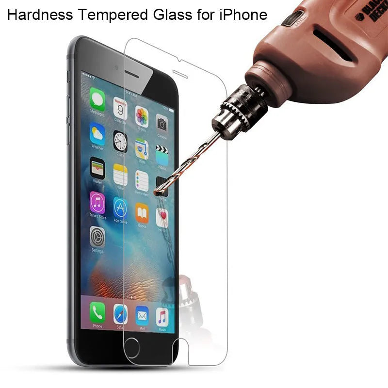 Transparent tempered glass screen protector for Apple iPhone on a white background.