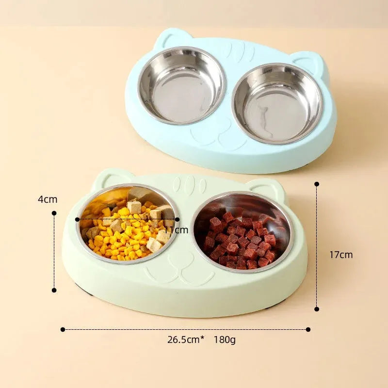 Blue macaron-shaped plastic double bowl pet feeder for food and water