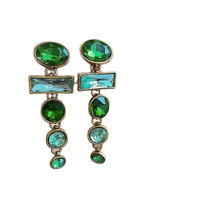 Green gradient alloy earrings with geometric tassel design and inlaid zircon details