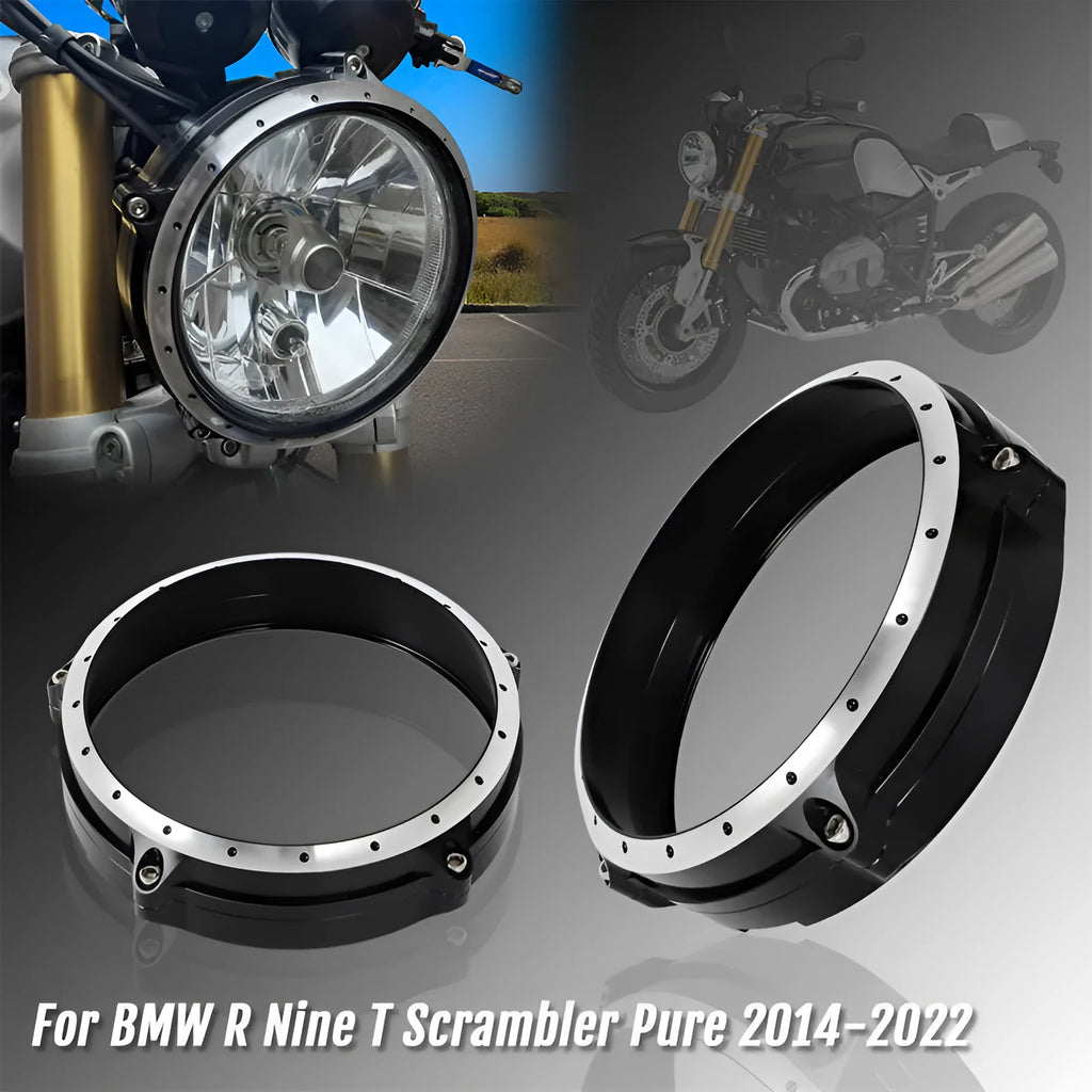 Black CNC aluminium headlight protective grille for BMW R nineT Scrambler motorcycle