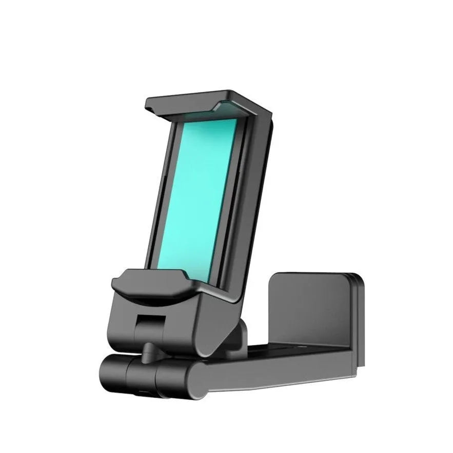 Black foldable rotating phone holder holding a mobile phone on a desk.