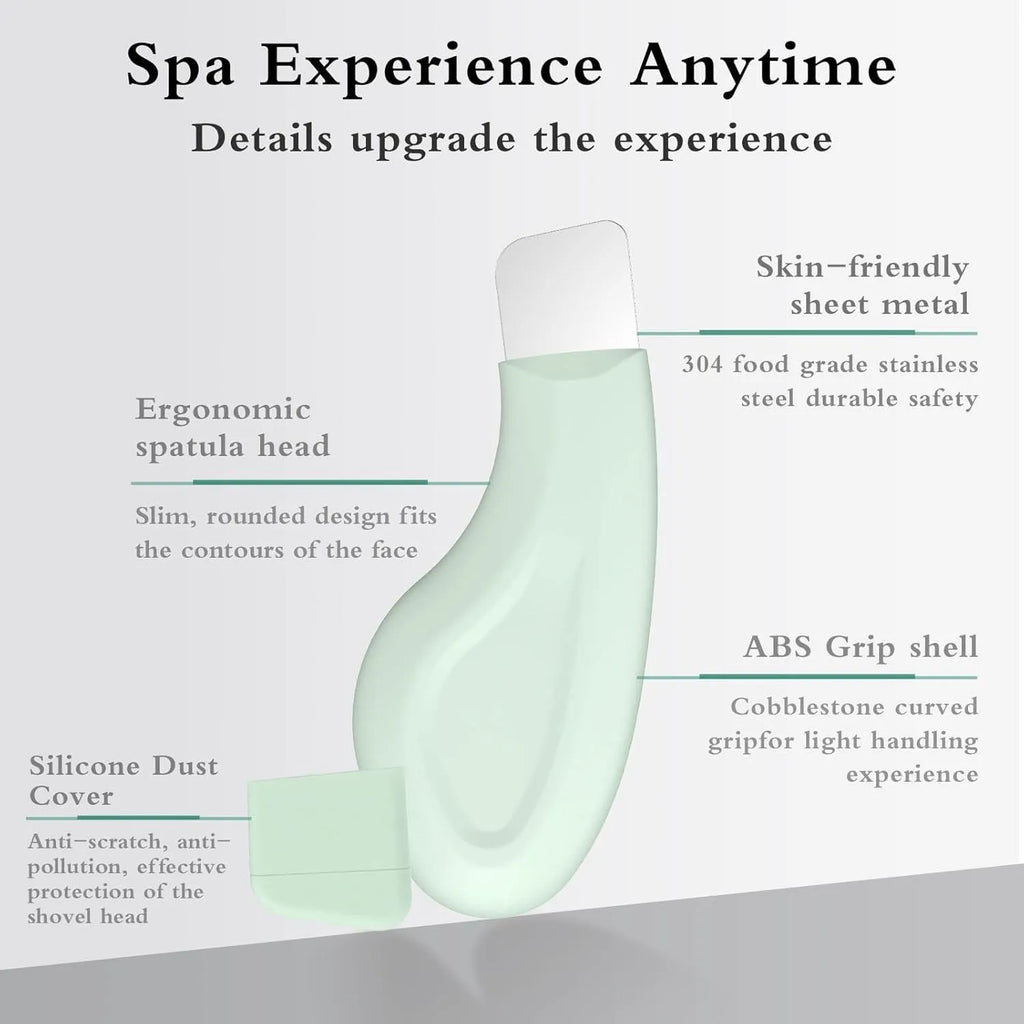 Green stainless steel facial pore scraper tool with a non-slip handle.