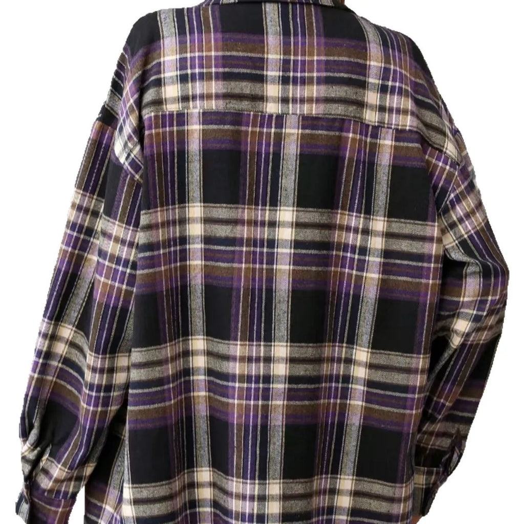 Women's loose-fit long sleeve plaid shirt in cotton, shown in black, green, and purple colour options.