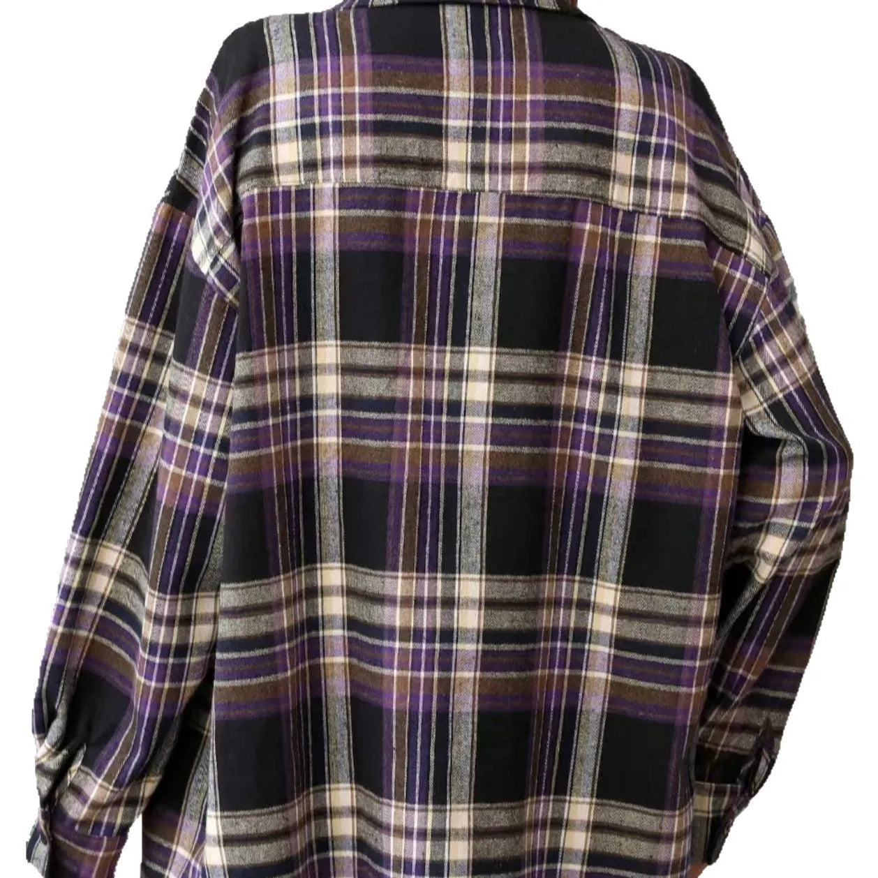 Women's loose-fit long sleeve plaid shirt in cotton, shown in black, green, and purple colour options.