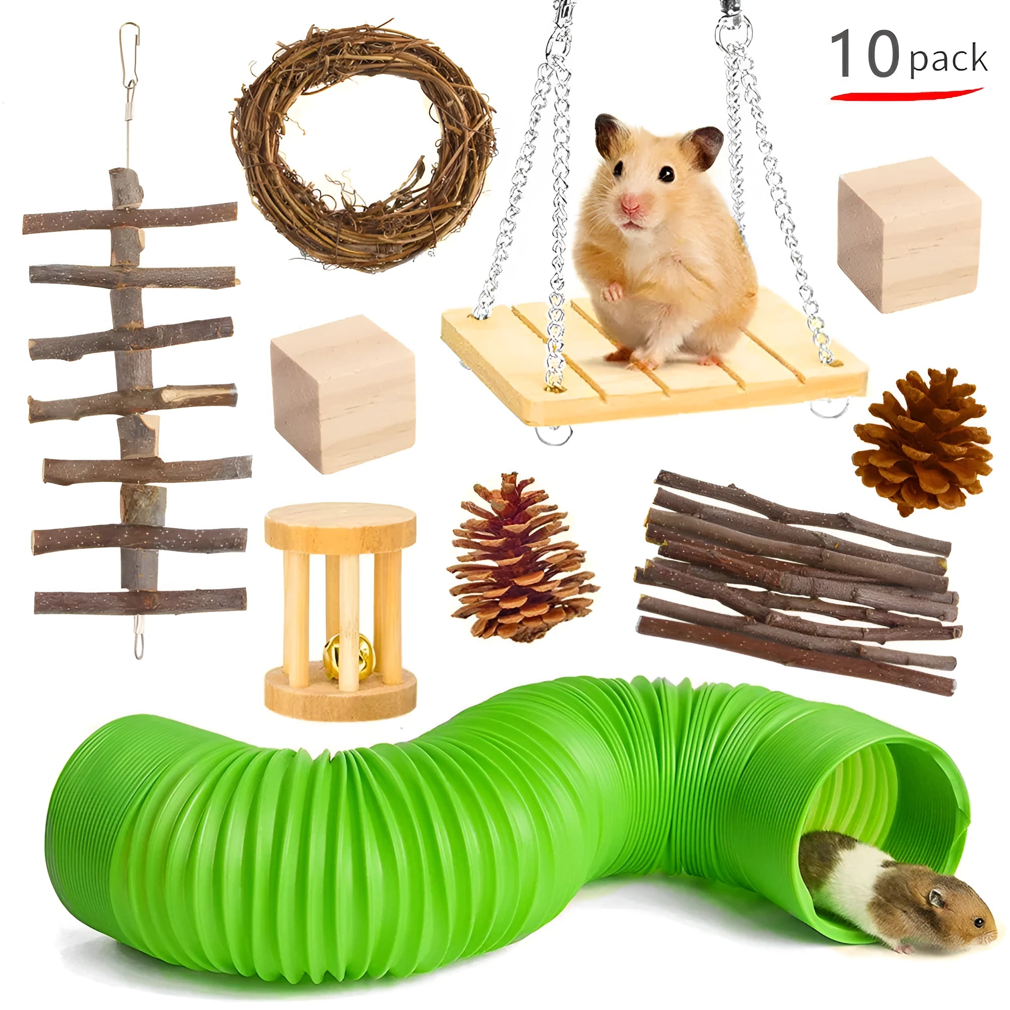 Assortment of natural wooden pet toys including straw mattresses, woven balls, and chew balls for small animals.
