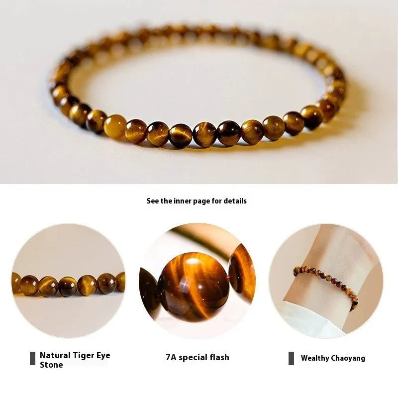 Tigereye stone bracelet with geometric Chinese style design showing round bead elements