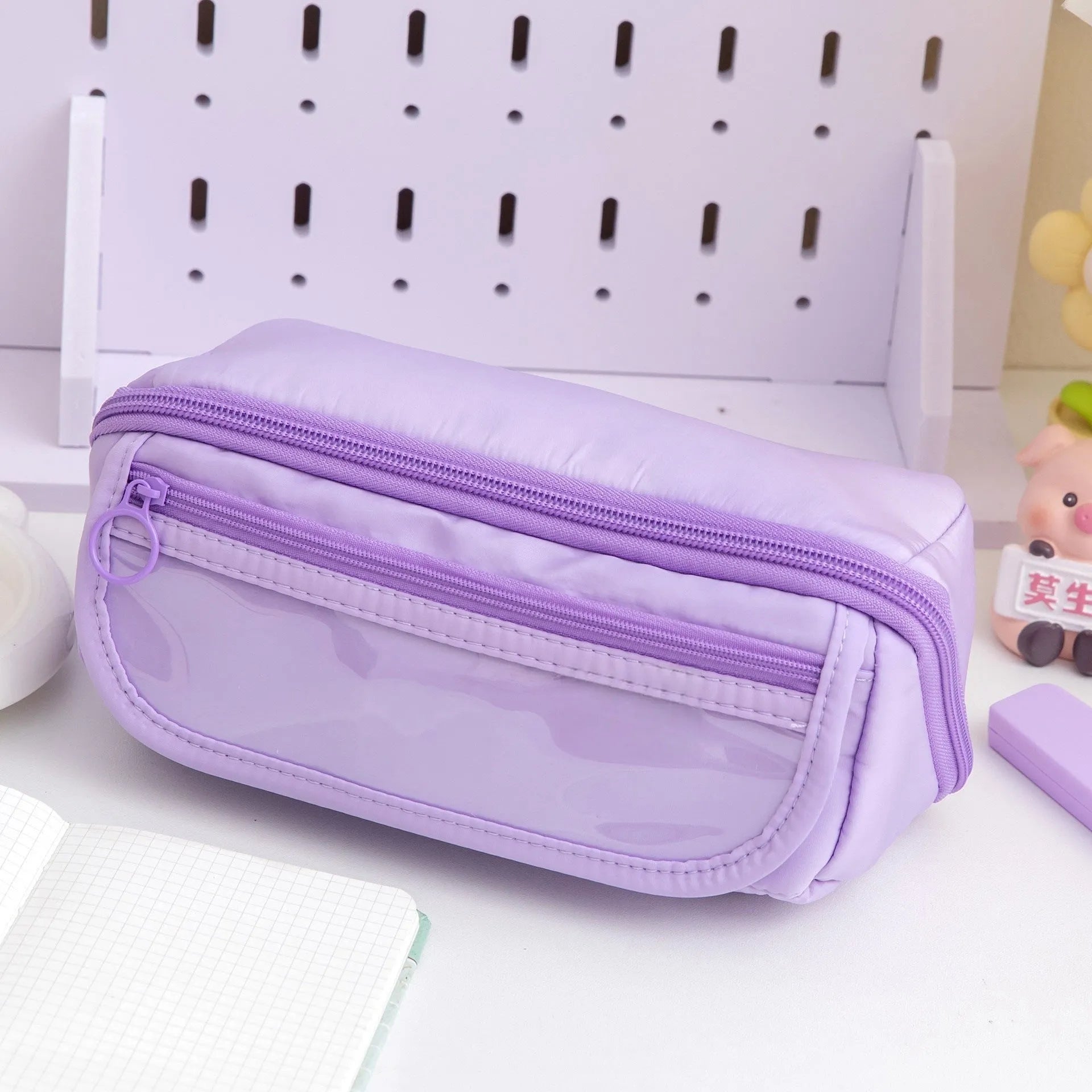 Canvas pencil case with multi-layer flip design in Korean style showing six colour options