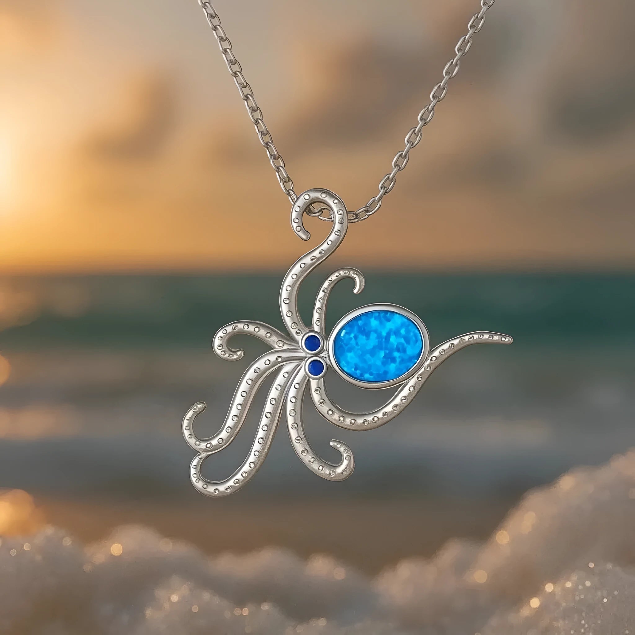 Silver octopus-shaped pendant necklace with blue opal inlay on a stainless steel box chain.