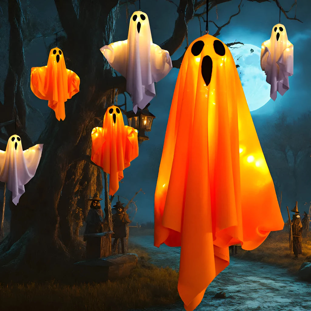 White and orange cloth ghost scream LED Halloween light ornament with 4.5V battery compartment.