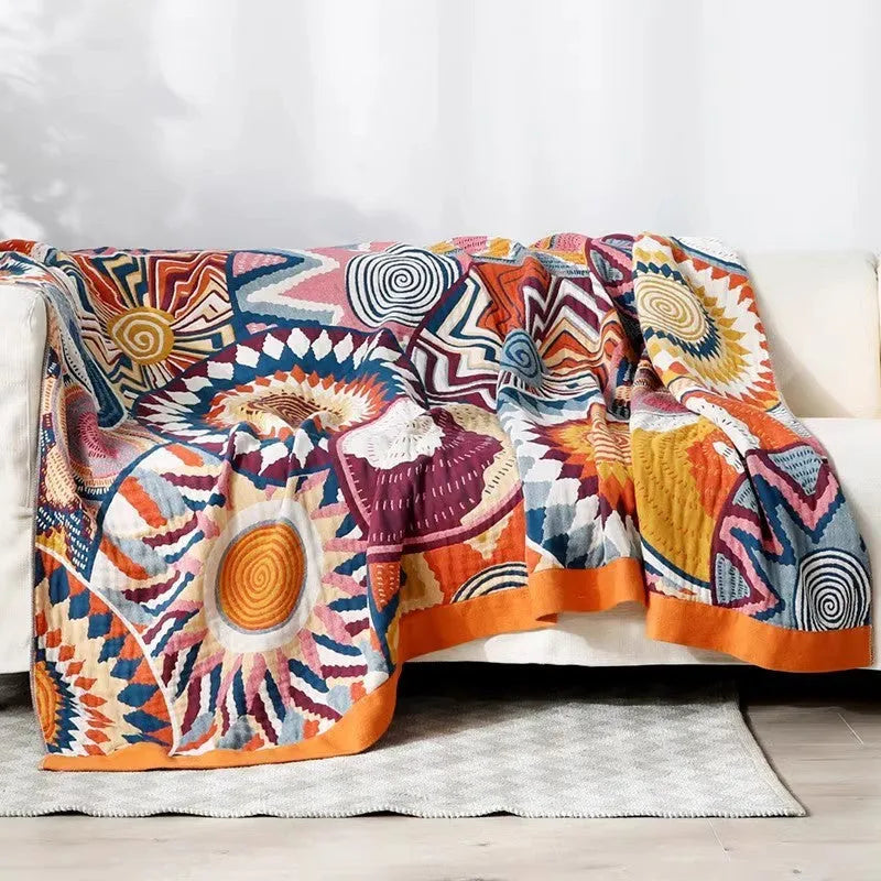 Blue roulette wheel pattern pure cotton five-layer gauze bed sheet blanket showing modern simplicity design