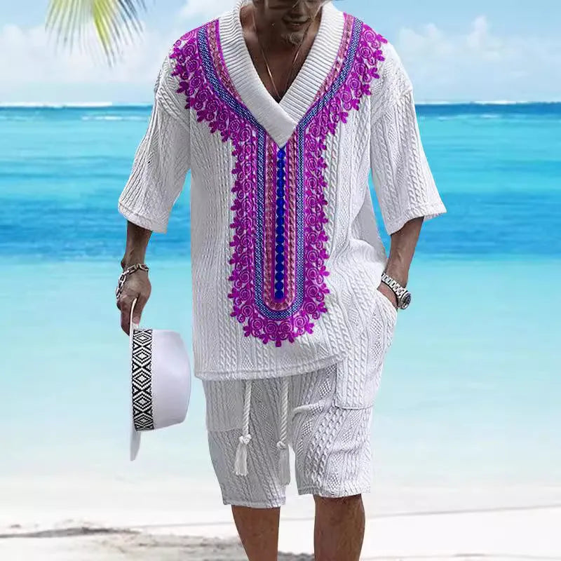 Men's printed drop-shoulder knitted shorts suit in polyester blend fabric