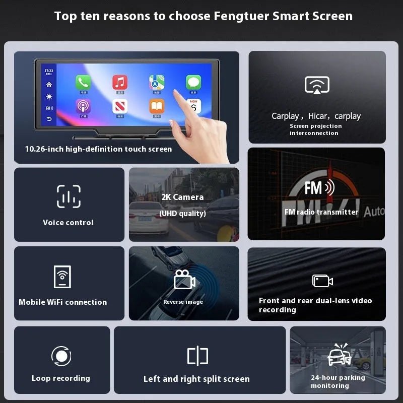10-inch car smart screen touch display showing Apple CarPlay interface and driving recorder footage