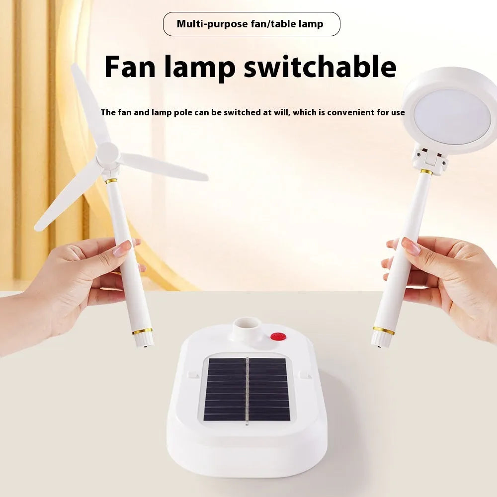 Ivory white solar-powered desk fan and LED study lamp with USB charging port.