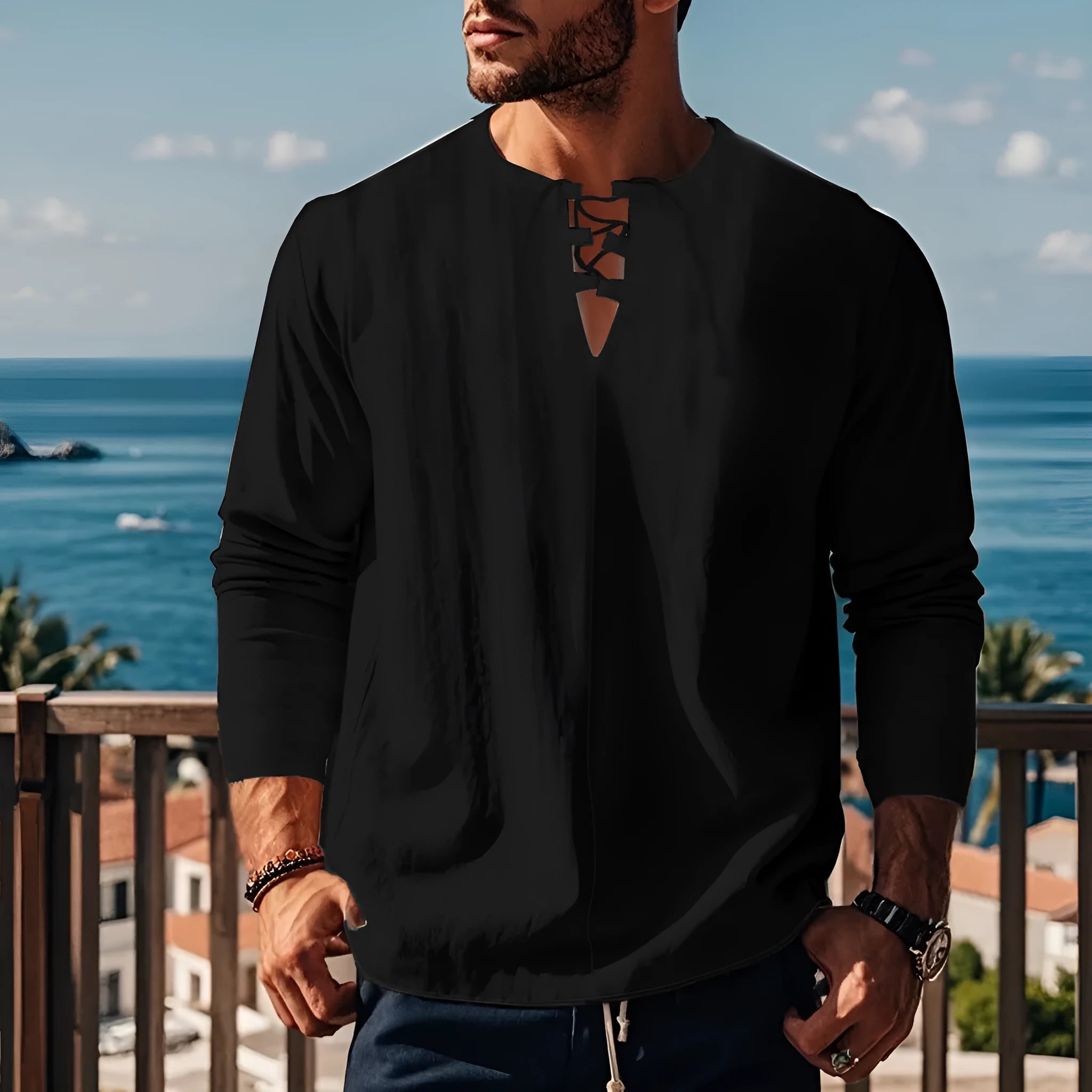 Cotton linen beach ruff shirt in a loose pullover style on a hanger.